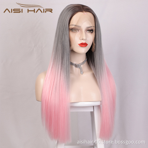 Aisi Hair Wholesale Long Silky Straight Ombre Pink Dark Root Lace Wig Middle Part Synthetic Hair Lace Frontal Wigs For Women